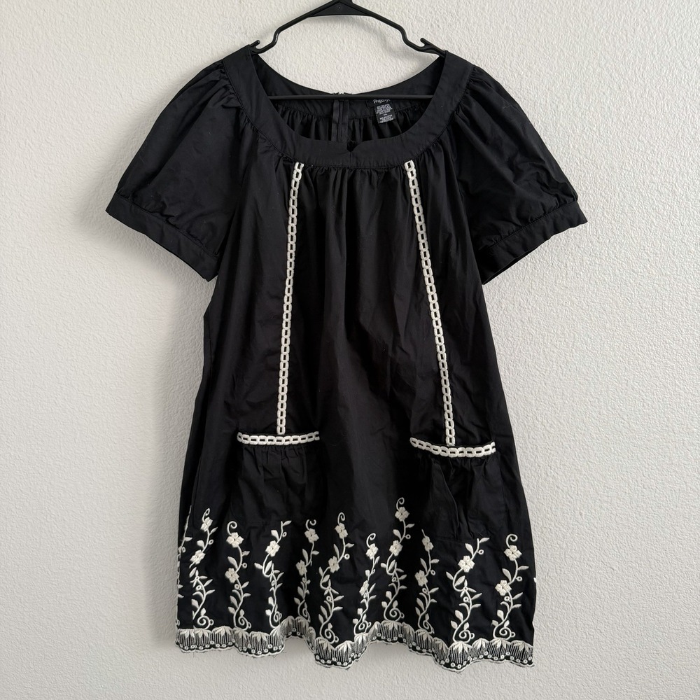 Rhapsody 2XL Mini Dress Embroidered Puff Sleeve Baby Doll Pockets Black White